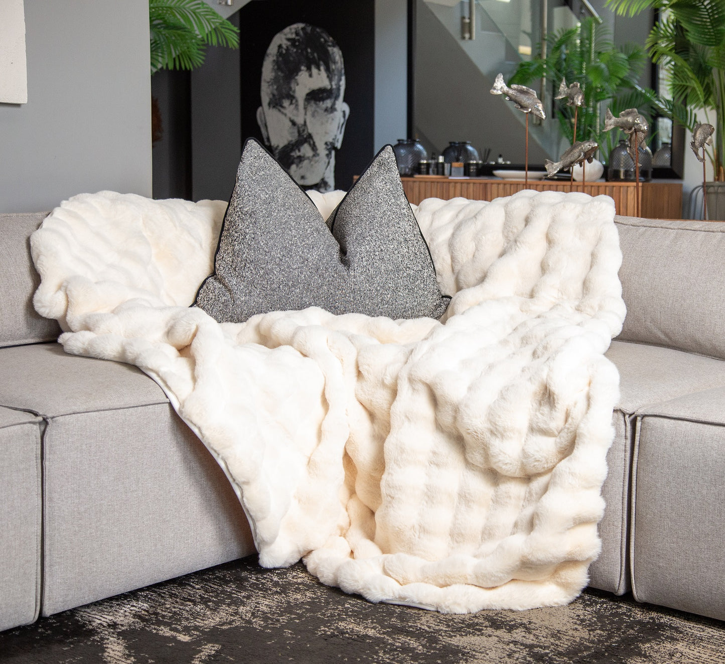 Faux Fur Blanket Queen/King Size displayed in cozy bedroom