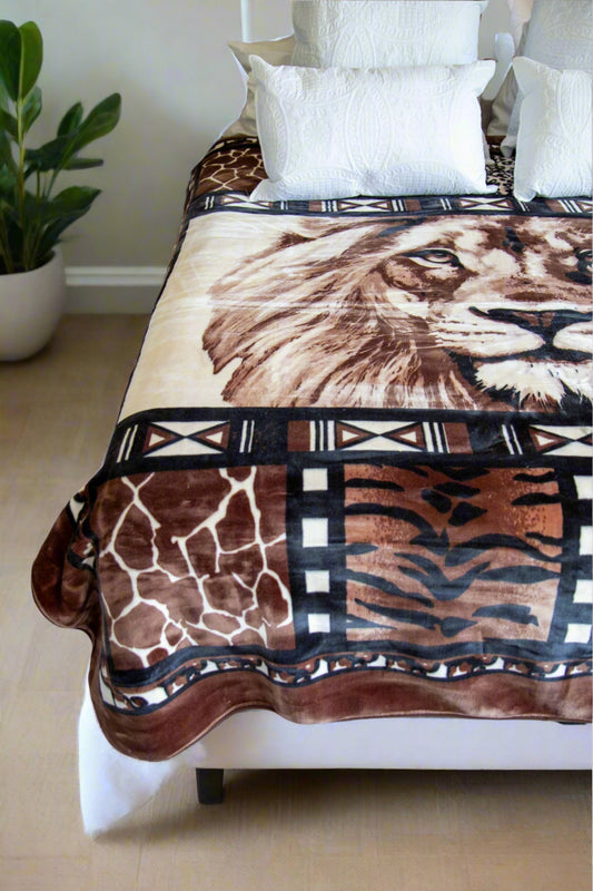 Folded Paris Faux Mink Blanket showing its 2 ply thickness and design, lion blanket, african blanket
