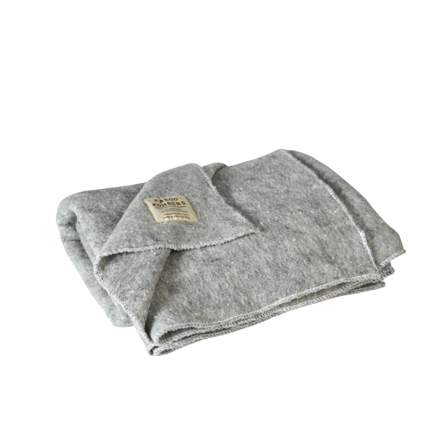 A folded light gray wool blanket with a small beige brand label, shown on a plain white background.