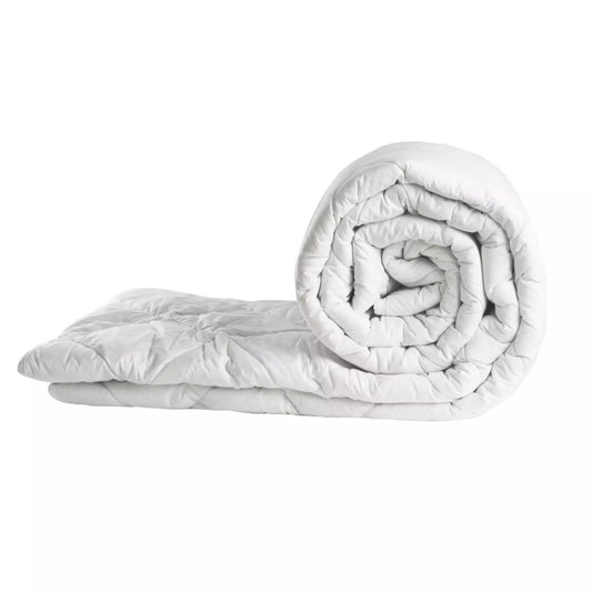 A white quilted comforter, shown partially unrolled with the rest folded, on a solid white background.