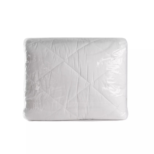 A white quilted mattress topper or comforter, still sealed in its clear plastic packaging, shown against a plain white background.